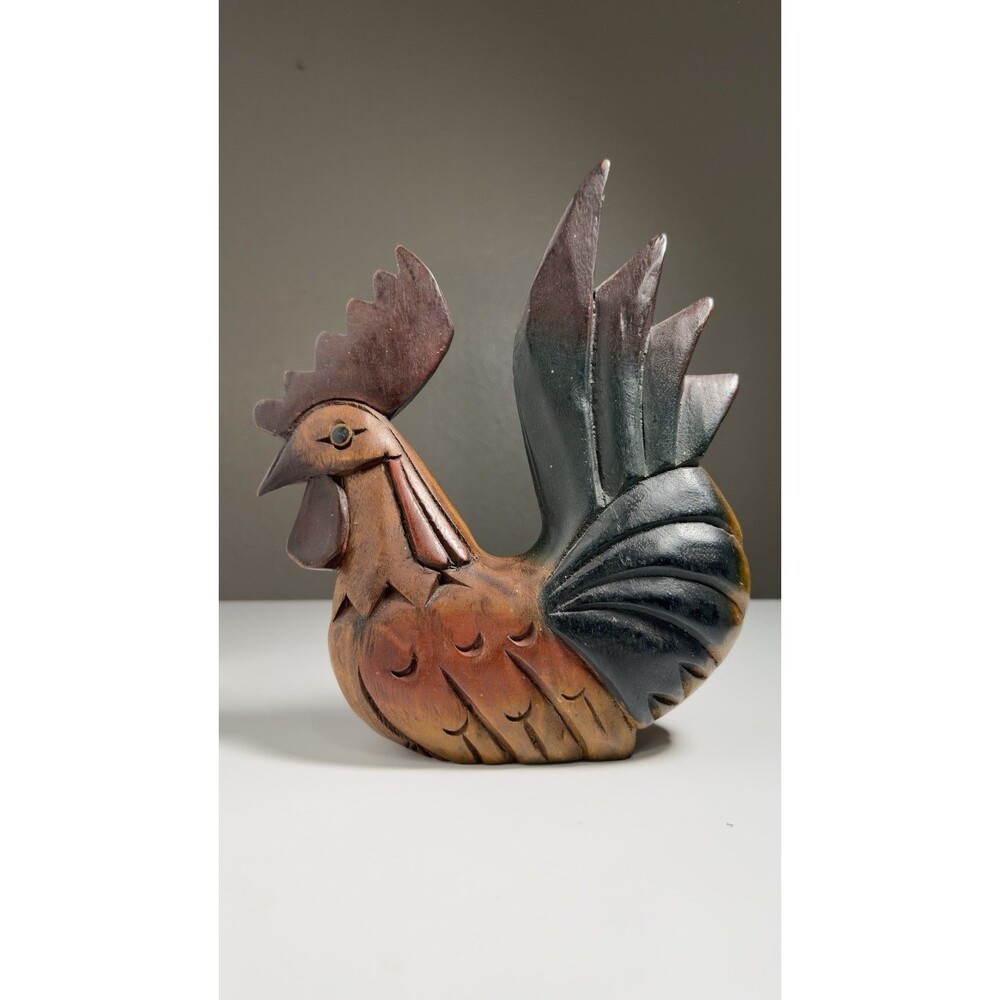 Handcrafted Carved Mandalay Box Company 10" Rooster Chicken Figurine Thailand